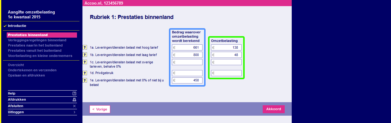 Aangifte omzetbelasting prestaties binnenland