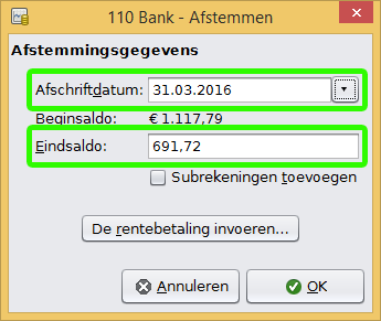 Bank afstemmen eindsaldo