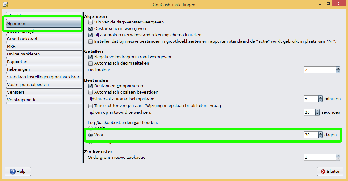 Bewaartermijn bestanden tabblad algemeen