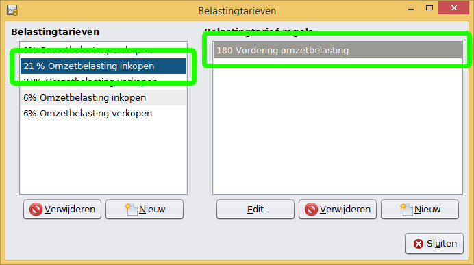 Btw-tarieven gekoppelde grootboekrekening