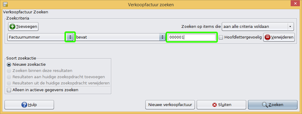 Factuur zoeken opties