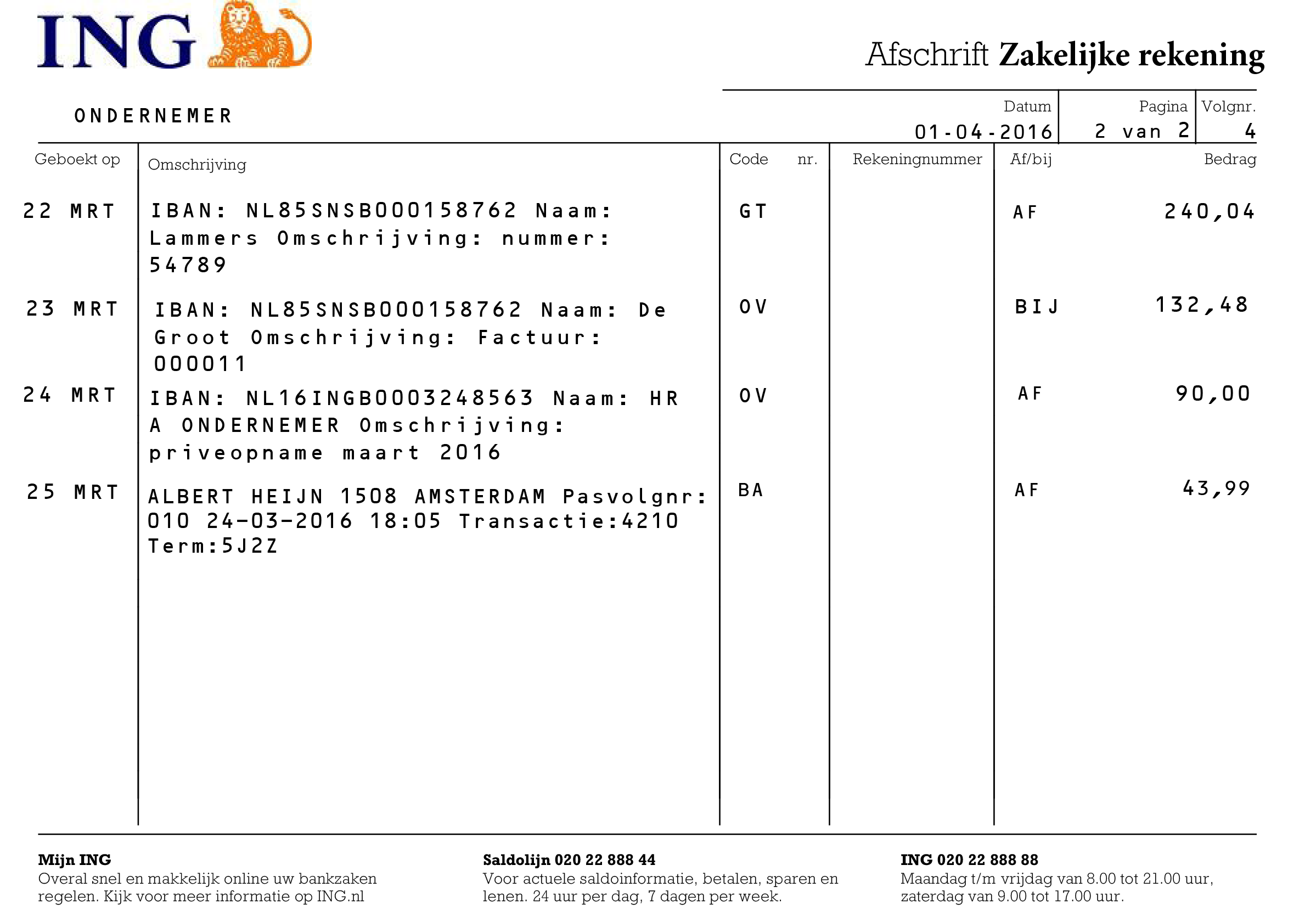 ING bankafschrift 2