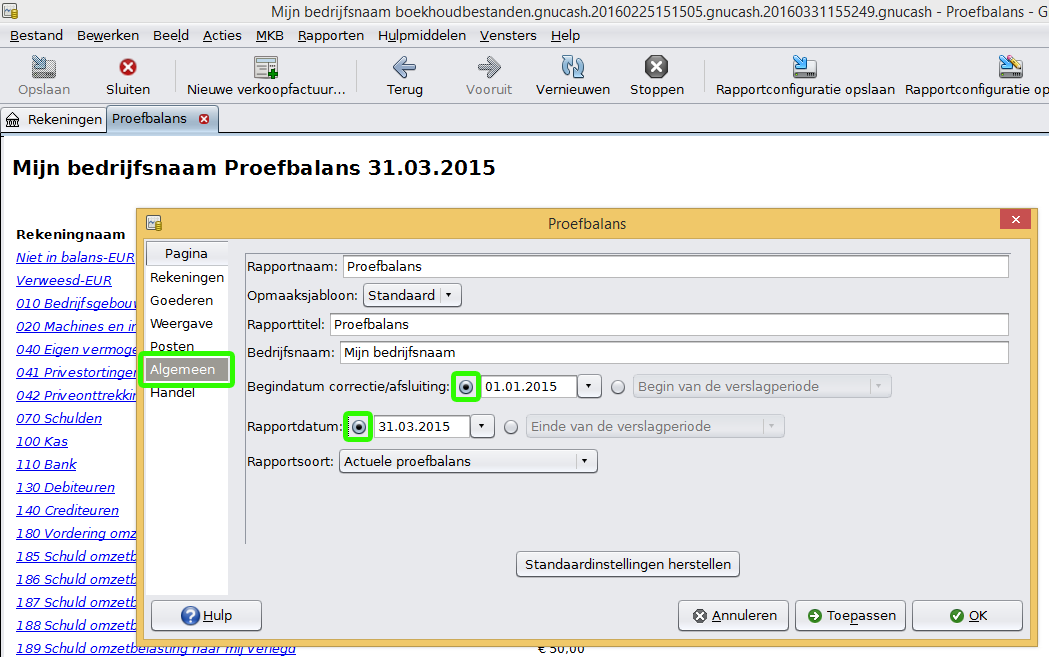 Rapportopties proefbalans scherm 1