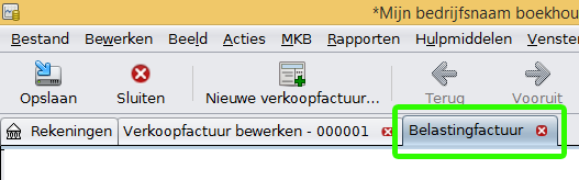 Tabblad belastingfactuur sluiten